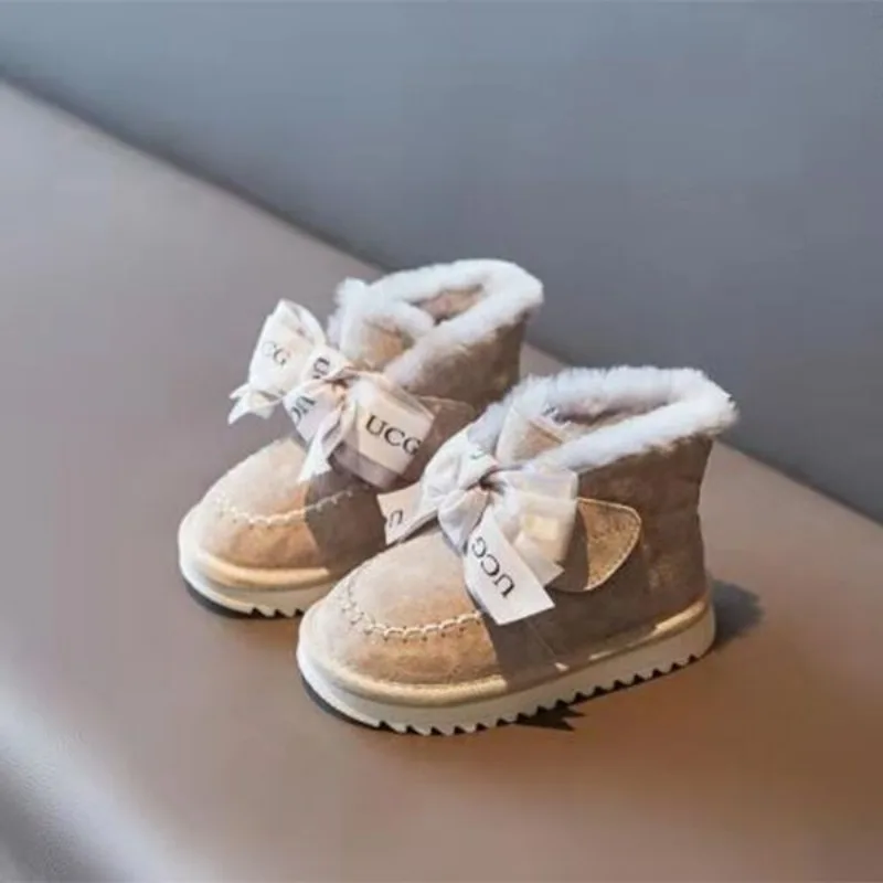 Girls Winter Snow Boots Girls Fleece Warm Cotton Boots Children Thickened Bows Princesses Cotton Ribbons Solid Color Booties