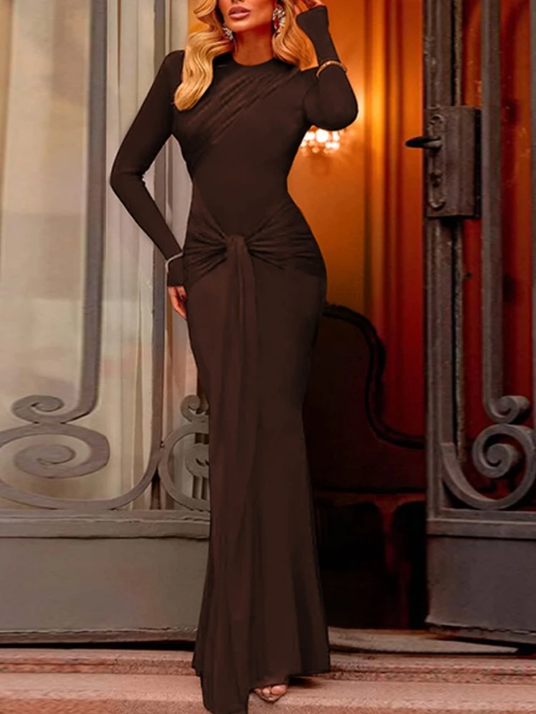 

Tossy Fashion Solid Ruffled Maxi Dress Women Lace Slim High-Waist Long Sleeves Streetwear Elegant Party Dress Ladies Maxi Dress