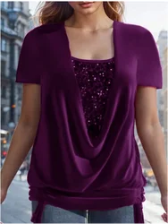 Women's Short Sleeve V-Neck T-Shirt Monochromatic Sequin Lady Simple Party Top Summer