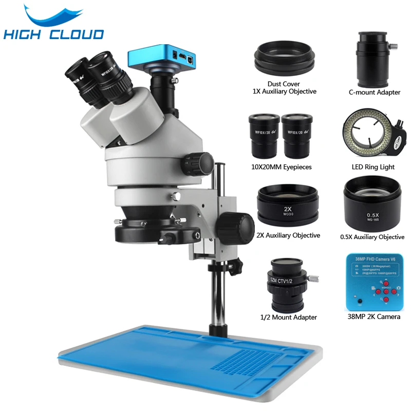 7X-45X Trinocular Stereo Zoom Microscope Big Table Stand and Auxiliary Objective Lens HDMI Digita Camera for Phone PCB Soldering