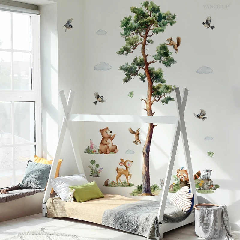 Bigger Green Tree Wall Decals Cute Small Animal Grass Land White Clouds Vinyl Stickers for Home Decoration Aesthetic Rooms Porch