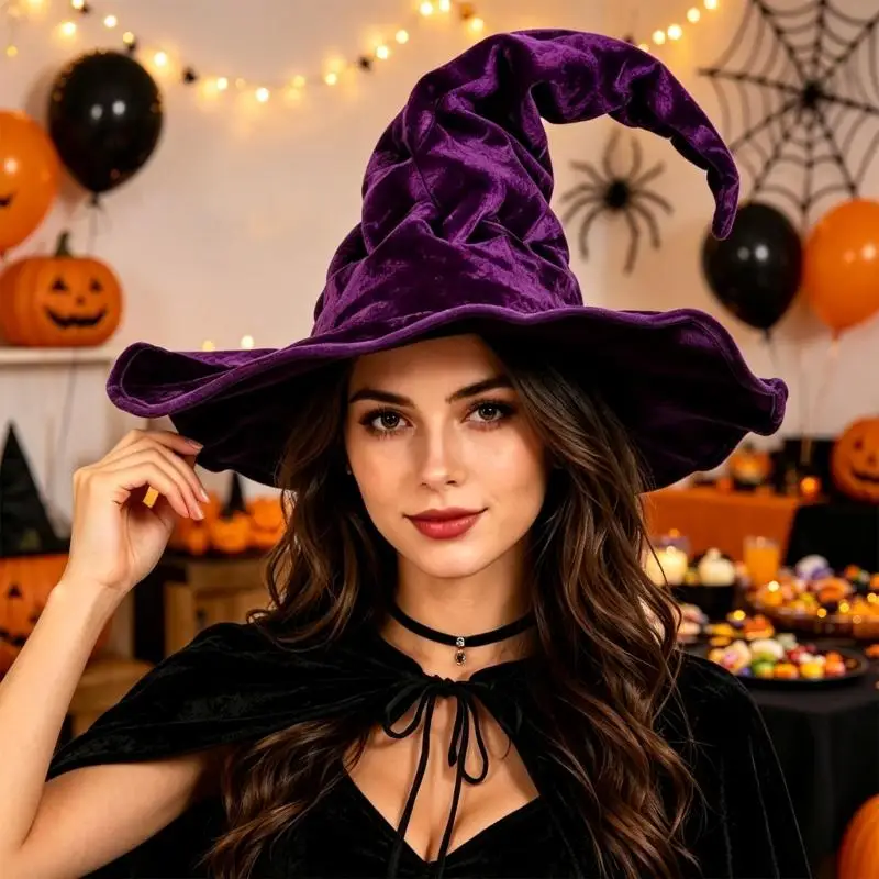39BD Halloween Costume Witch Hat for Stage Shows and Parties, Plush-Look Pointed Headwear with Soft for Adults