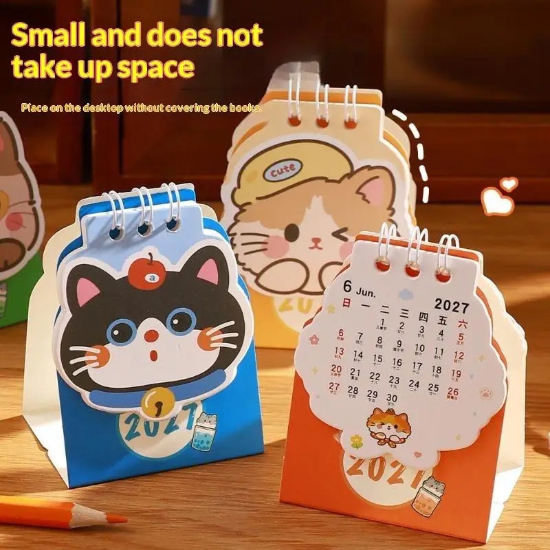 2027 Mini Desktop Calendar Adorable Cartoon Cat Print Small Portable Desk Calendar for Home Office Table Use