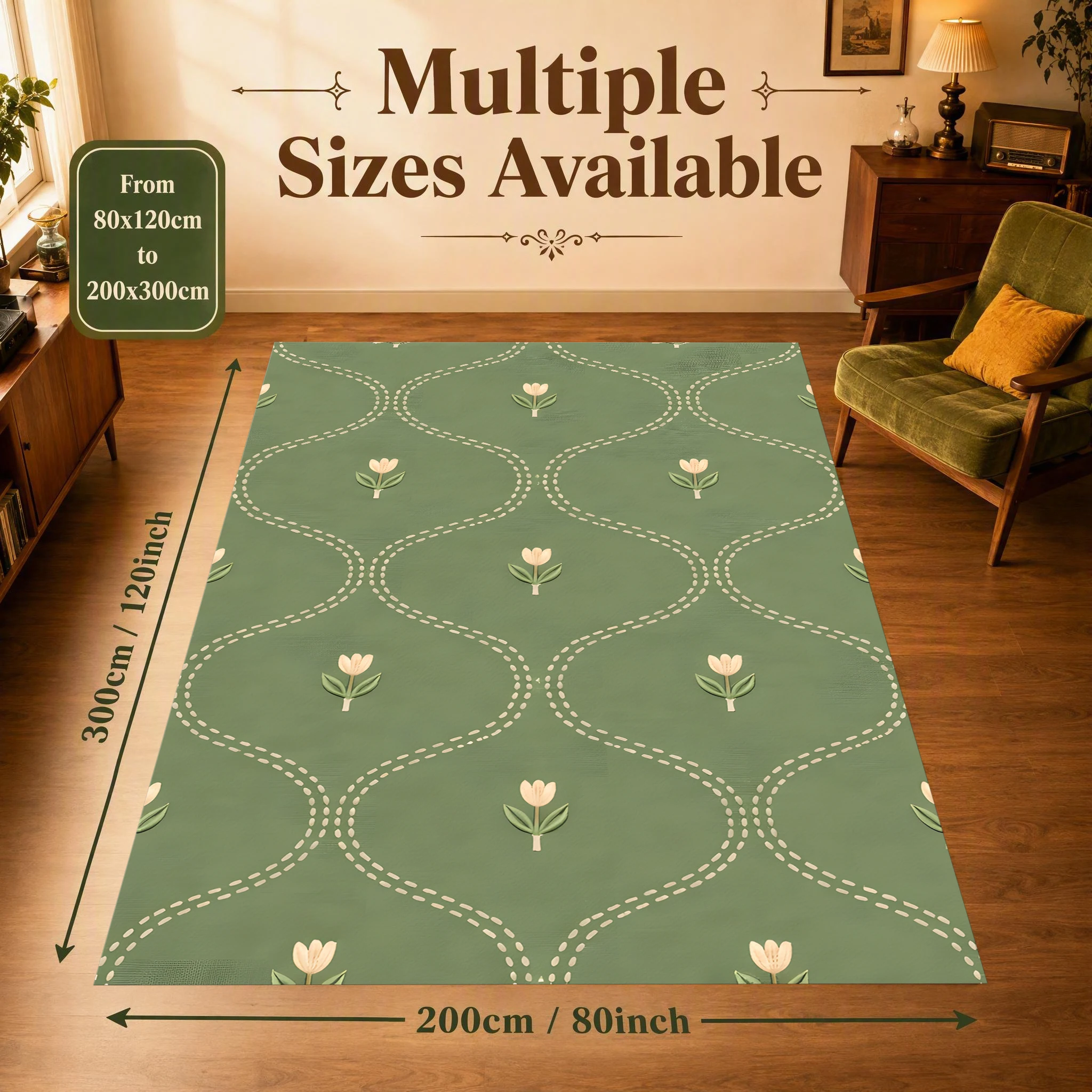 2D Carpet with Green Wave and Small Tulip Pattern in a Fresh, Soothing Style for Living Room and Coffee Table Area