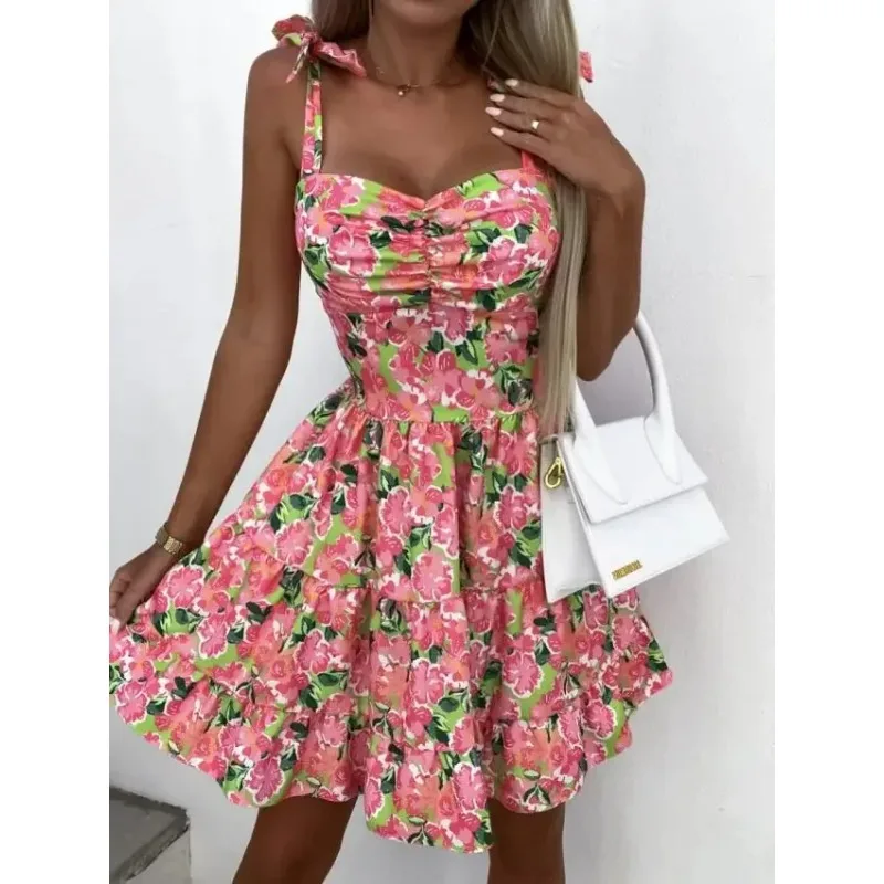 2023 Summer Fashion Short Boho Dress donna Mini abito con stampa floreale femminile senza maniche cintura appesa stampata abito piegato in vita