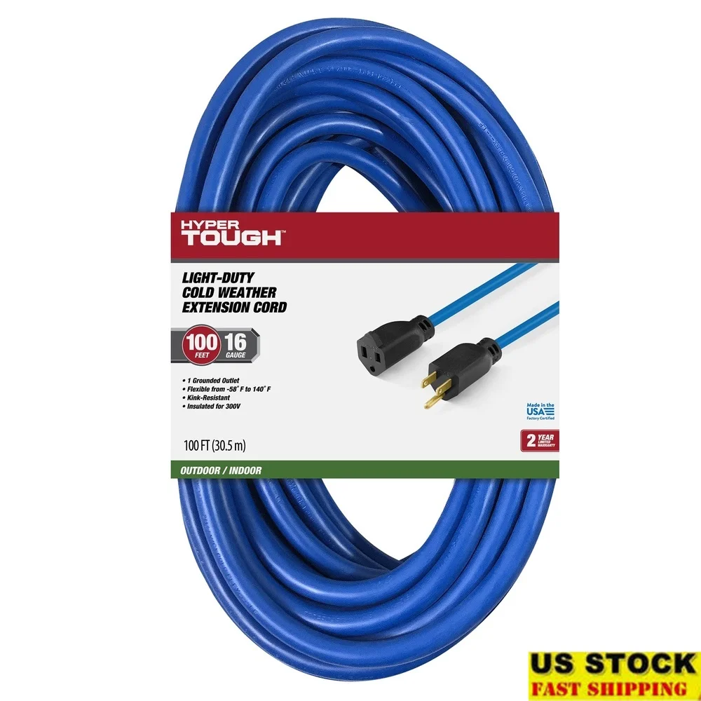 

100FT Cold Weather Extension Cord 16AWG 3-Prong Single Outlet Durable Indoor Outdoor Power Cable High Visibility Blue
