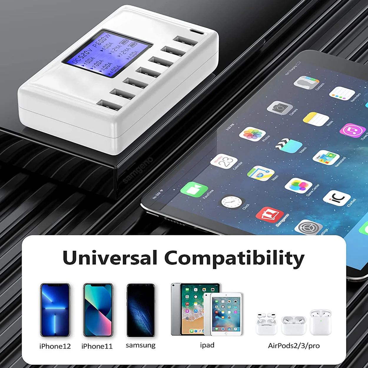 USB Charging Station 8-Ports 60W 12A Multi USB C Hub Charger with LCD Display for Cellphone  Tablet Multiple Devices iPhone 14 8