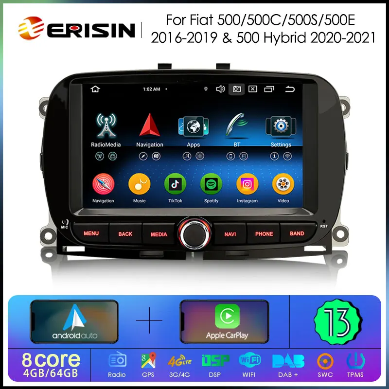 ES6751F Erisin Android 13 Car Stereo For Fiat 500/500C/500S/500E GPS Navigation CarPlay Android Auto Radio DSP 4G WiFi BT5.0 IPS