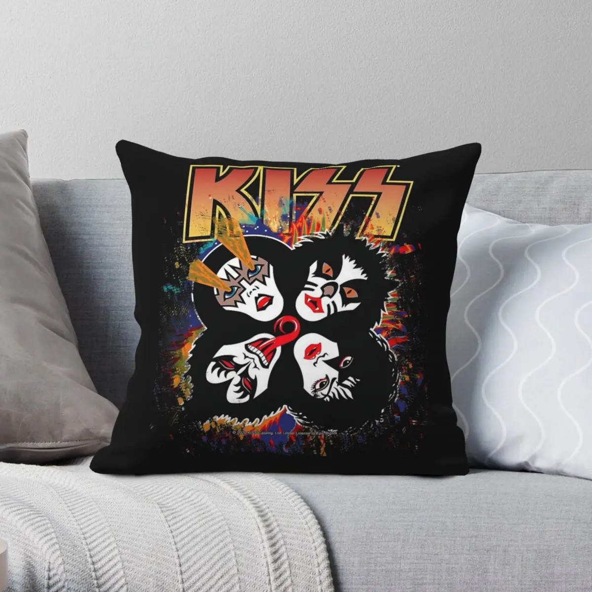 Funda de almohada cuadrada Kiss Rock And Roll Over Splash, patrón de terciopelo de lino y poliéster, decoración con cremallera, funda de cojín para habitación
