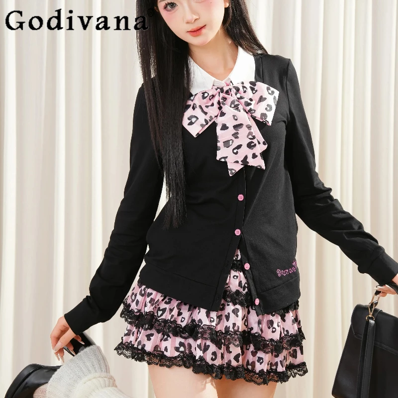 Hot Girl Skirt Outfits Japanese Style Fake Two Piece Rhinestone Top Pink Leopard Print Skirt Suit Women's Uniform Lolita Set