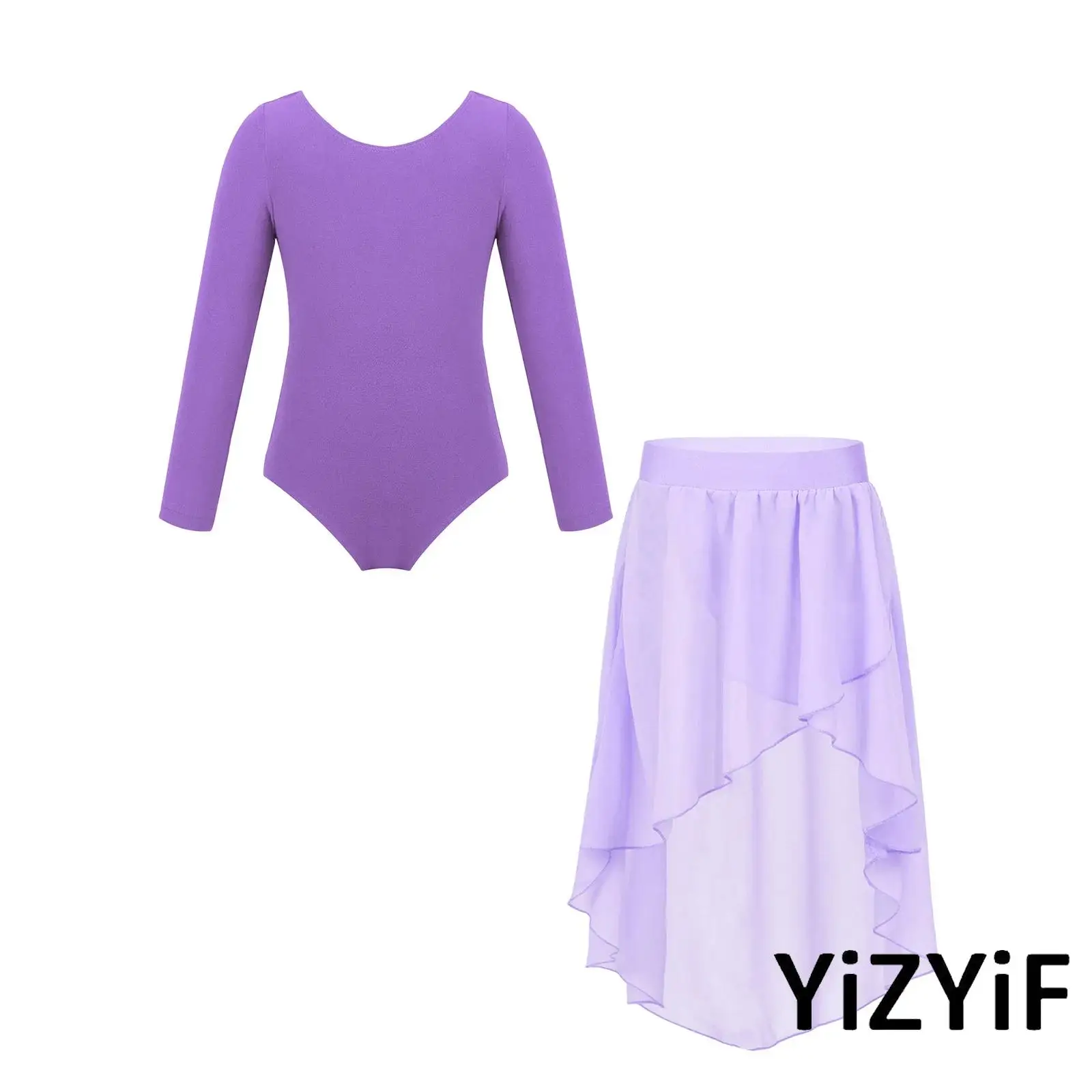 Kids Girls Ballet Modern Dance Practice Performance Outfit Long Sleeve Leotard Bodysuit with Elastic Waistband Chiffon Skirt Set
