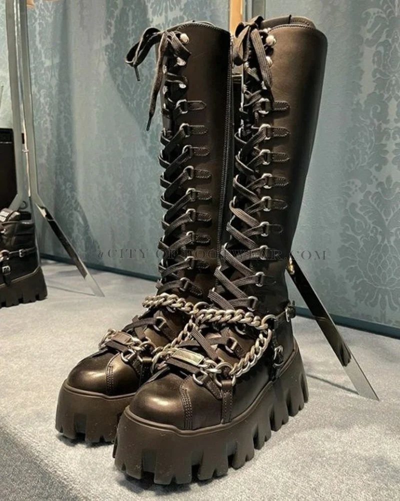 Big Size Platform Knee High Boots Women Black\Brown Leather Metal Chain Lace up Thick Sole Long Boots Punk Causal Designer Shoes