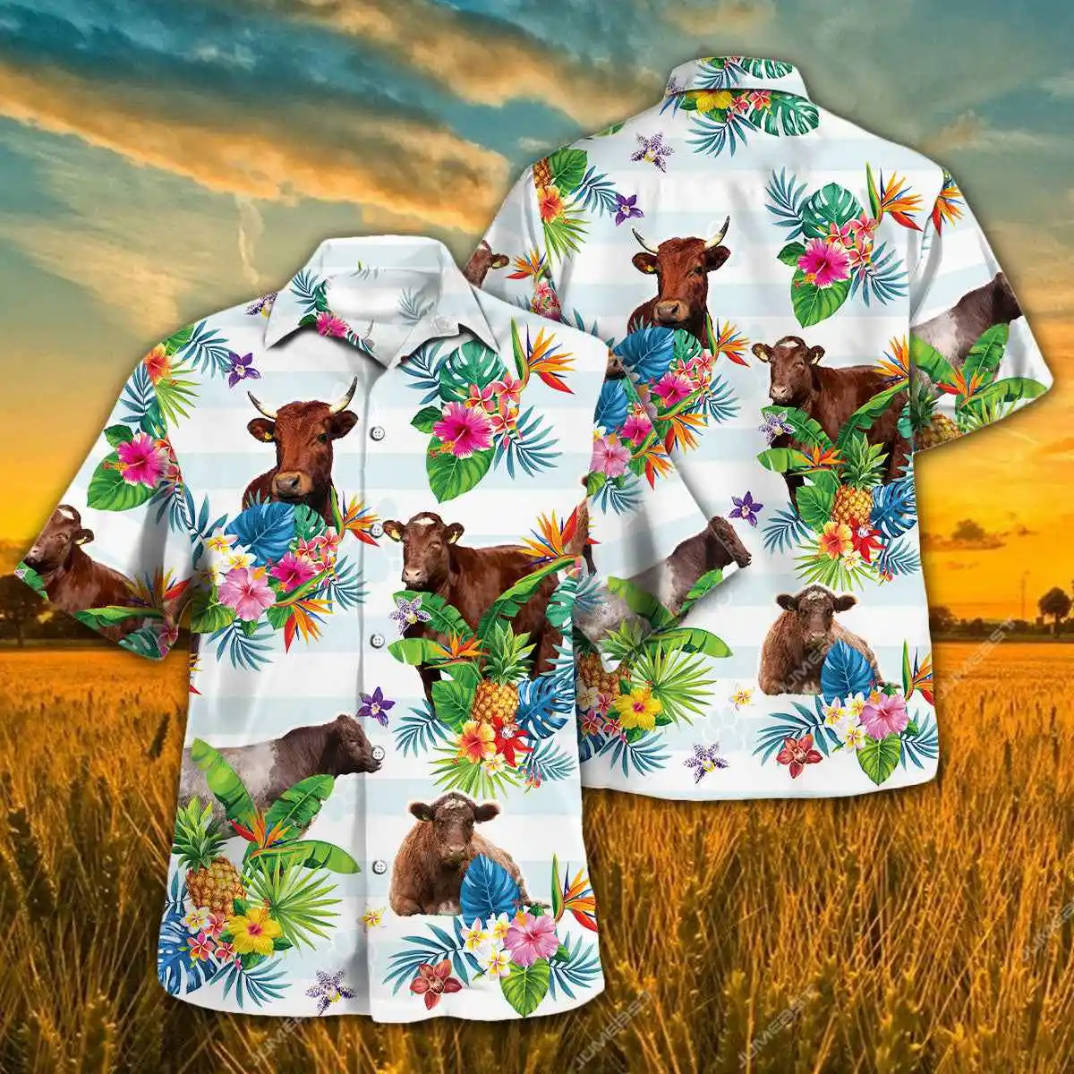 Jumeast Beefmaster Cattle Lovers Tropical Flower Men Hawaiian Shirt Holstein Friesian Beach Blouse Farm Clothes Farmer Gifttify