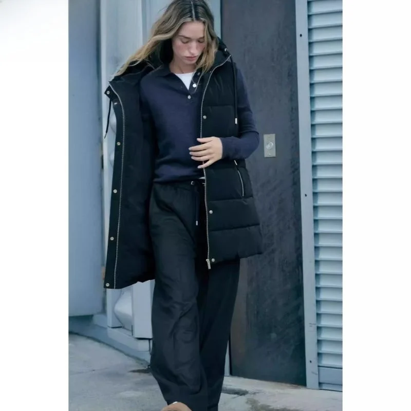 

Autumn Winter New Arrival Women's Hooded Svel Long Cotton Vest Jaet Versatile 30230 Commute Sle Zipper Closure So...
