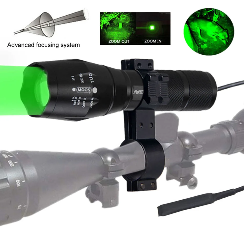 Green or red predator light LED tactical flashlight zoom adjustable waterproof rechargeable flashlight, used for hunting