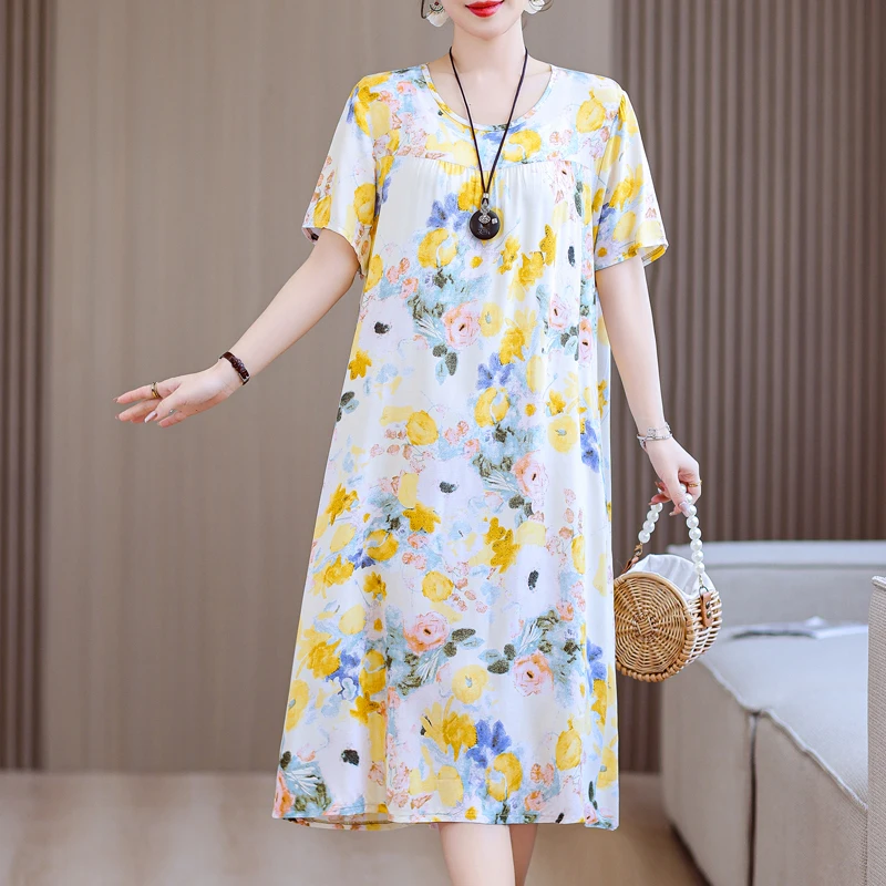 Overs ize Damen Sommerkleid 2024 neue elegante Kurzarm Vintage Print lange Kleider weibliche koreanische Kleidung hohe Qualität