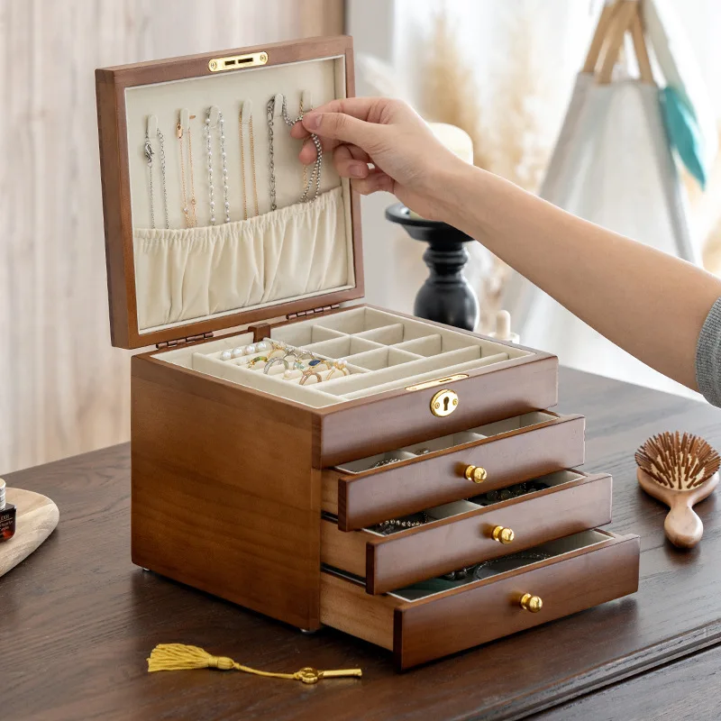 

Solid wood jewelry box, retro wood jewelry box in storage box, large capacity with lock mirror, high-end anti-oxidation wedding