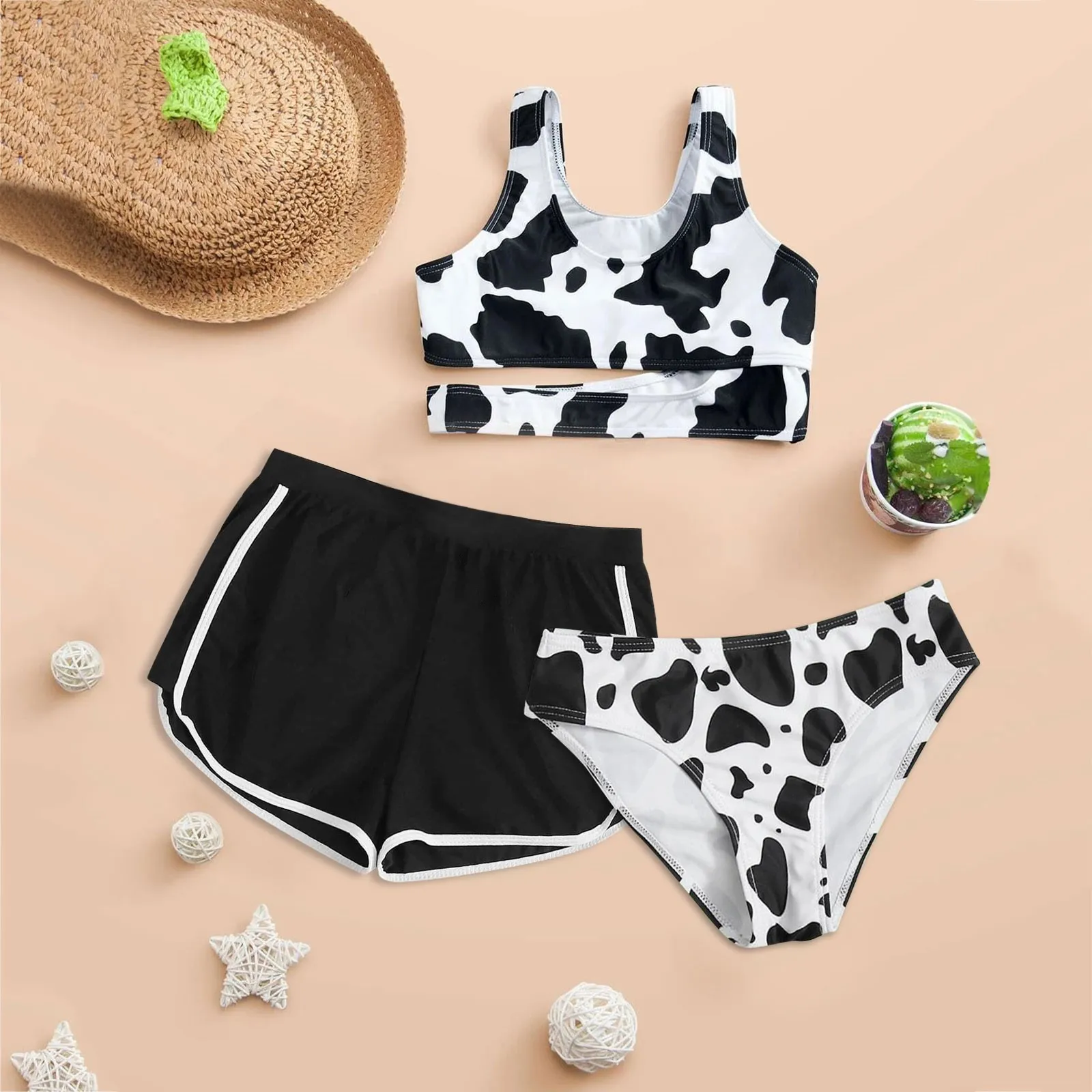 Girls' Summer Swimwear Three-Piece Swimsuit Cute Cow Printing Beachwear Swimming Bathing Suit Summer Brazilian Biquini 2025