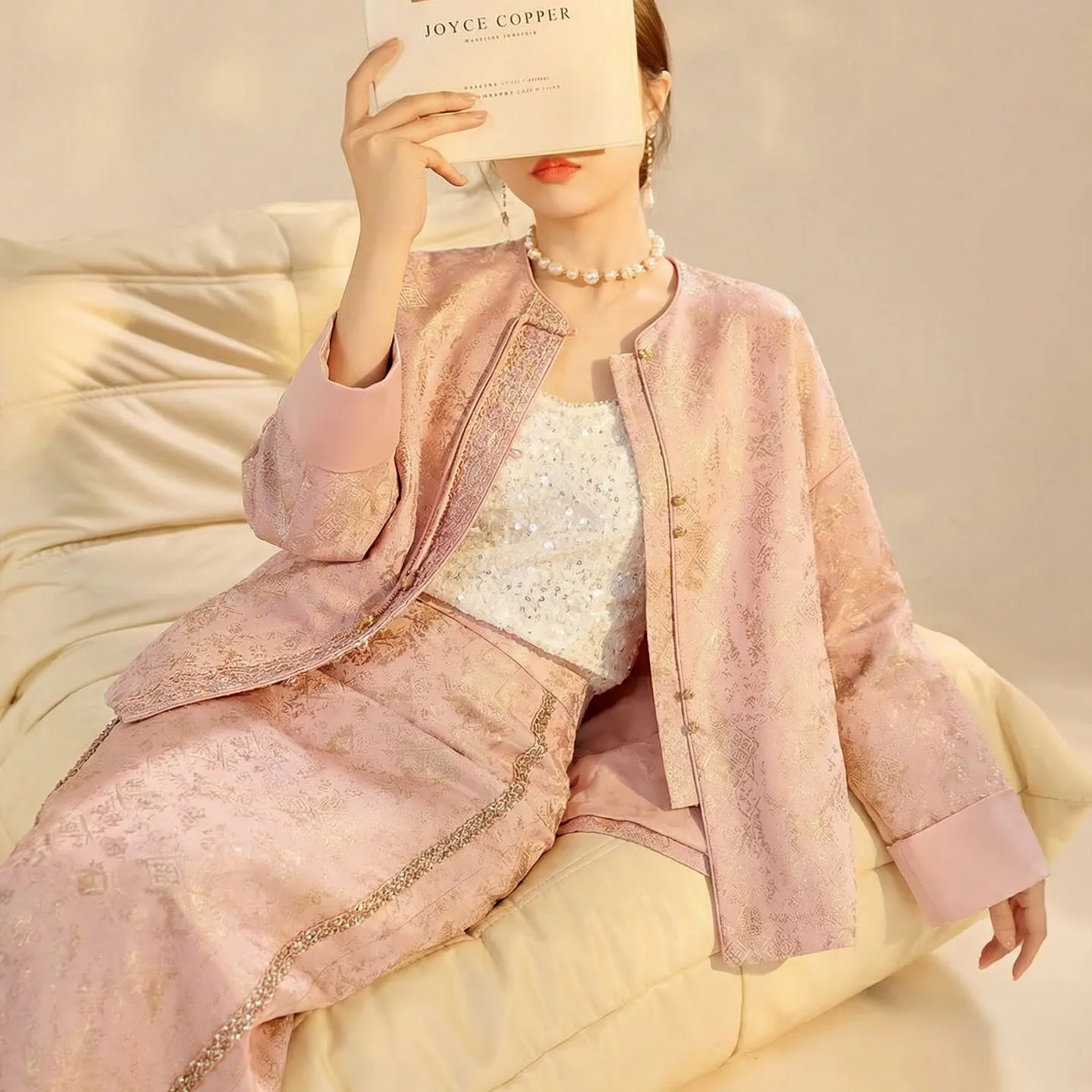 Fashion High Quality Coat Skirt Suit Women Chinese New Jacquard Embroidery