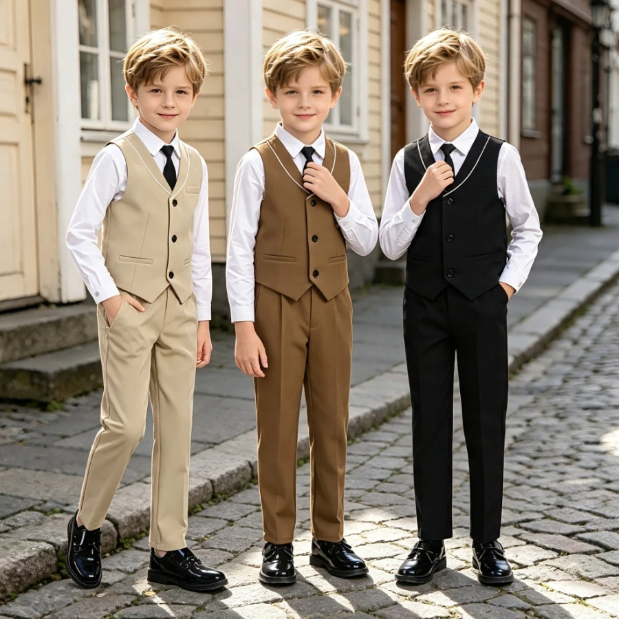 Teen Boys 3-Piece Formal Vest Suit Set Classic Waistcoat Shirt Tie Pants Kids Wedding Ring Bearer Party Performance Outfit 4-14Y