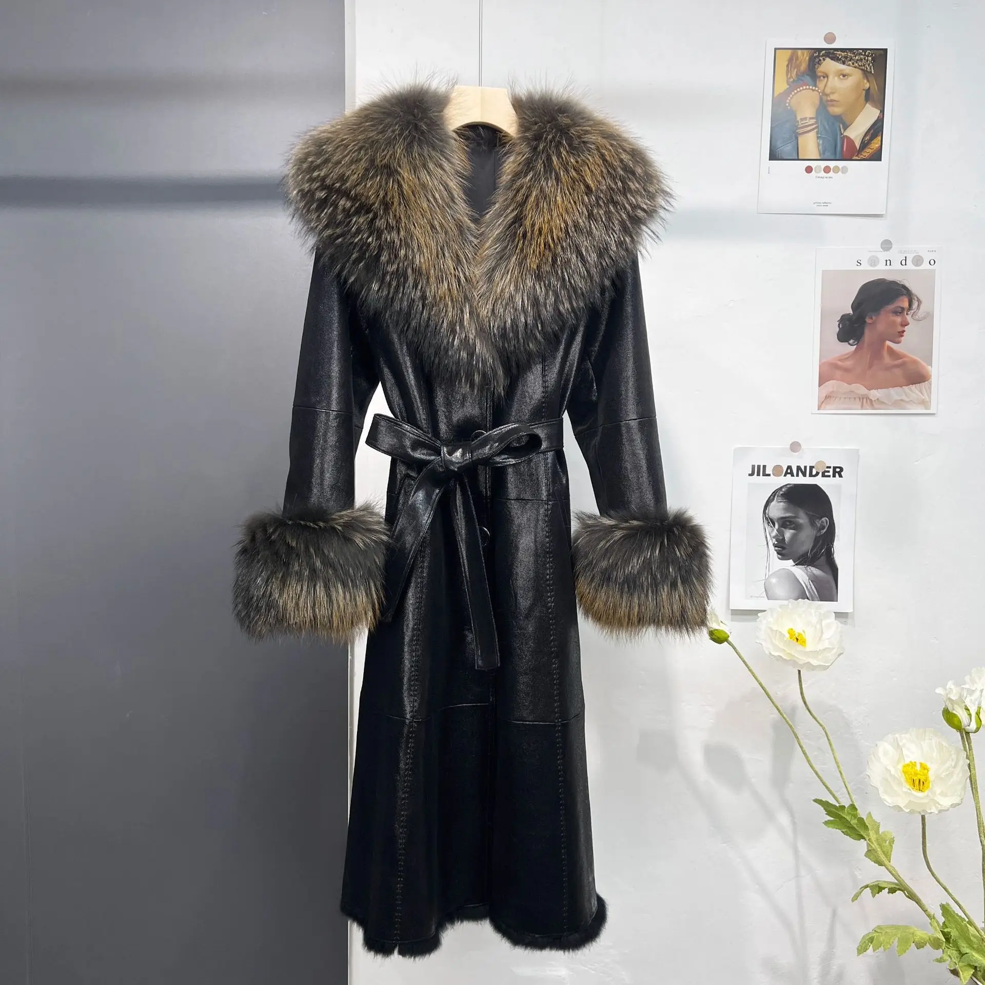 Autumn and Winter New Haining Fur Coat Women's Long Slim Fit Rabbit Fur and Fur Raccoon Fur Collar