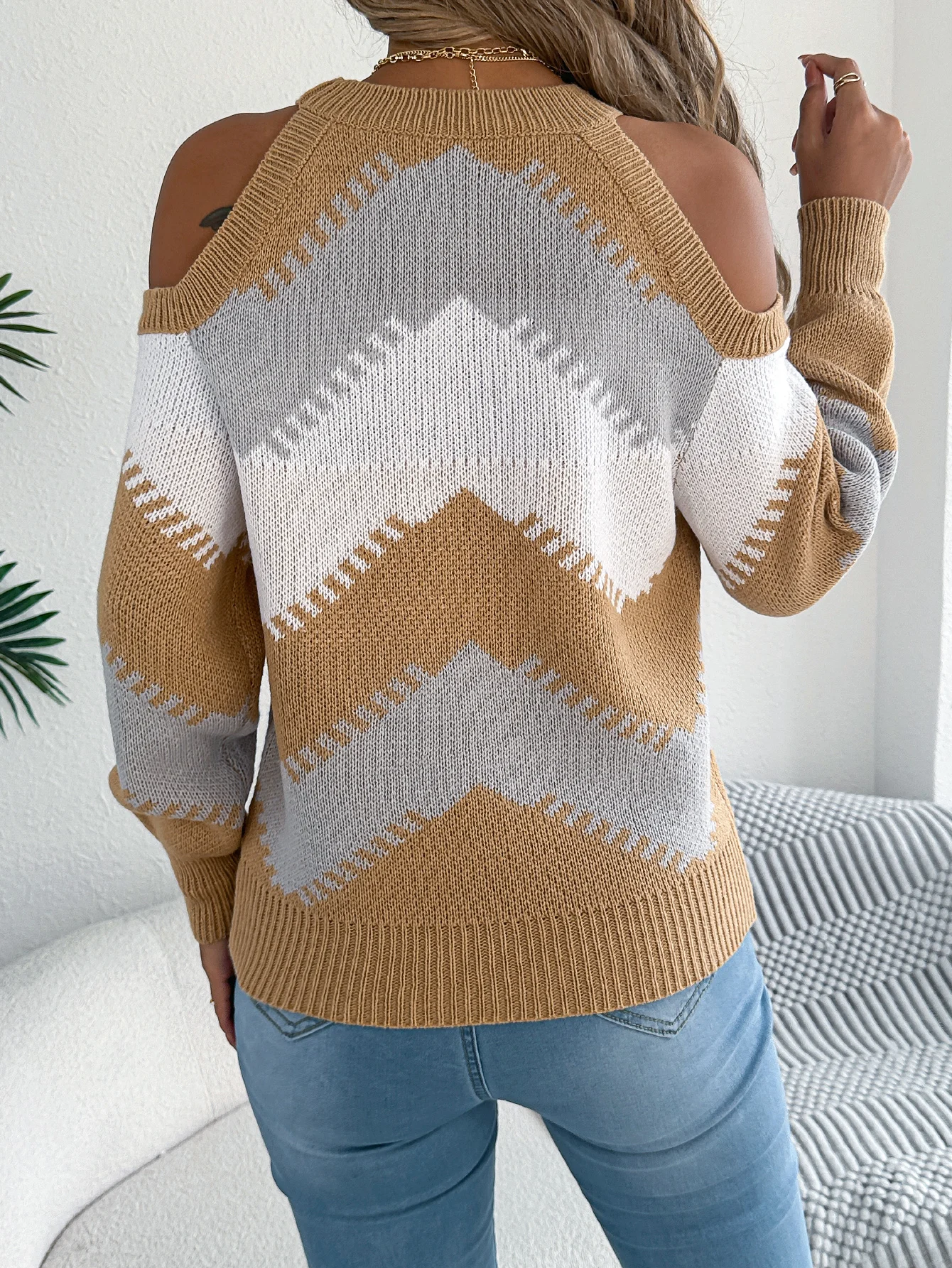 Striped Colorblock Off Shoulder Pullover Sweater Long Sleeve Casual Fall Winter