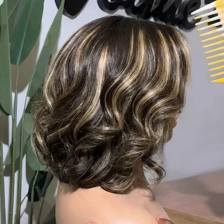 

Brown Blonde Highlight 5X5 Silk Top Lace Closure Wigs 14inch Layered Glueless Bob Wigs Brazilian Honey Blonde bob Lace Front Wig
