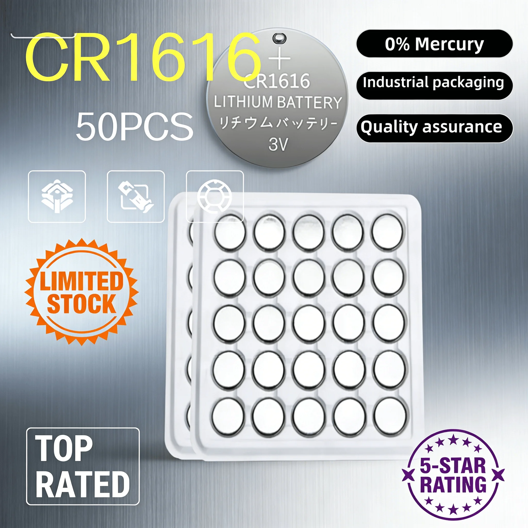 

CR1616 3V 50mAh Lithium Button Cell Battery, DL1616 BR1616 Compatible, High Quality for Watch and Car Remote Control