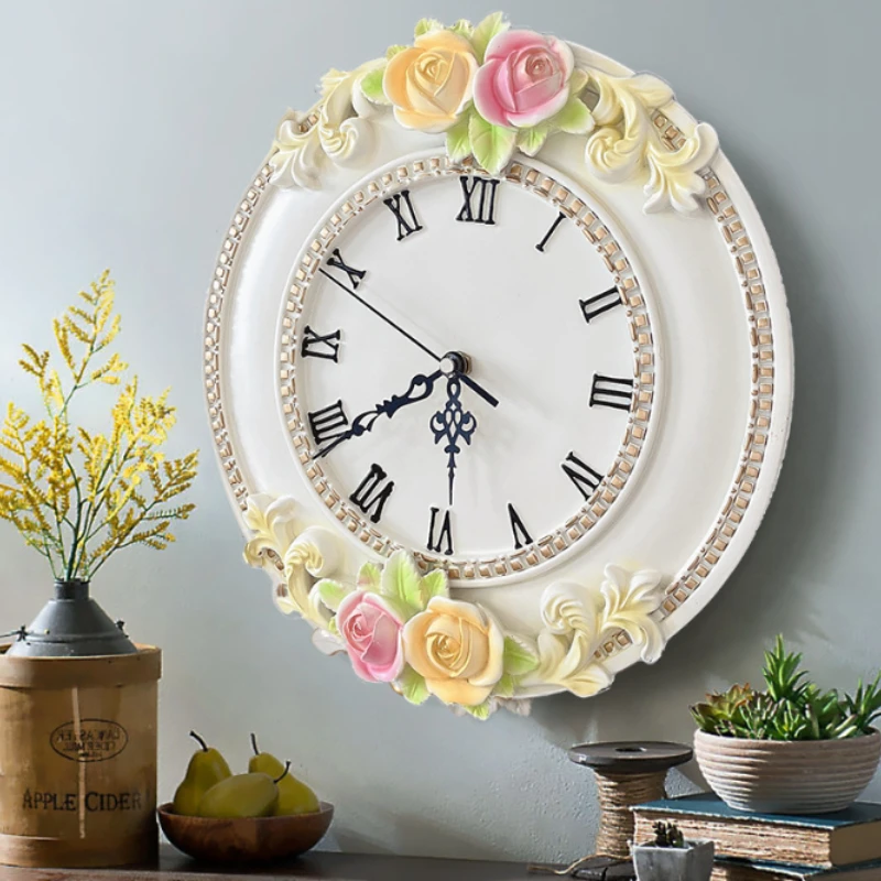 

Resin Rose Wall Clock, European Style, Creative Hanging Watch Decorations, Quiet Clock for Living Room, Household, Commercial