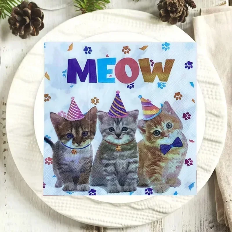 20pcs 33*33cm 2-Ply New Three Cats Printed Paper Napkins Pet Kids Theme Party Napkins Decorative Paper Placemats