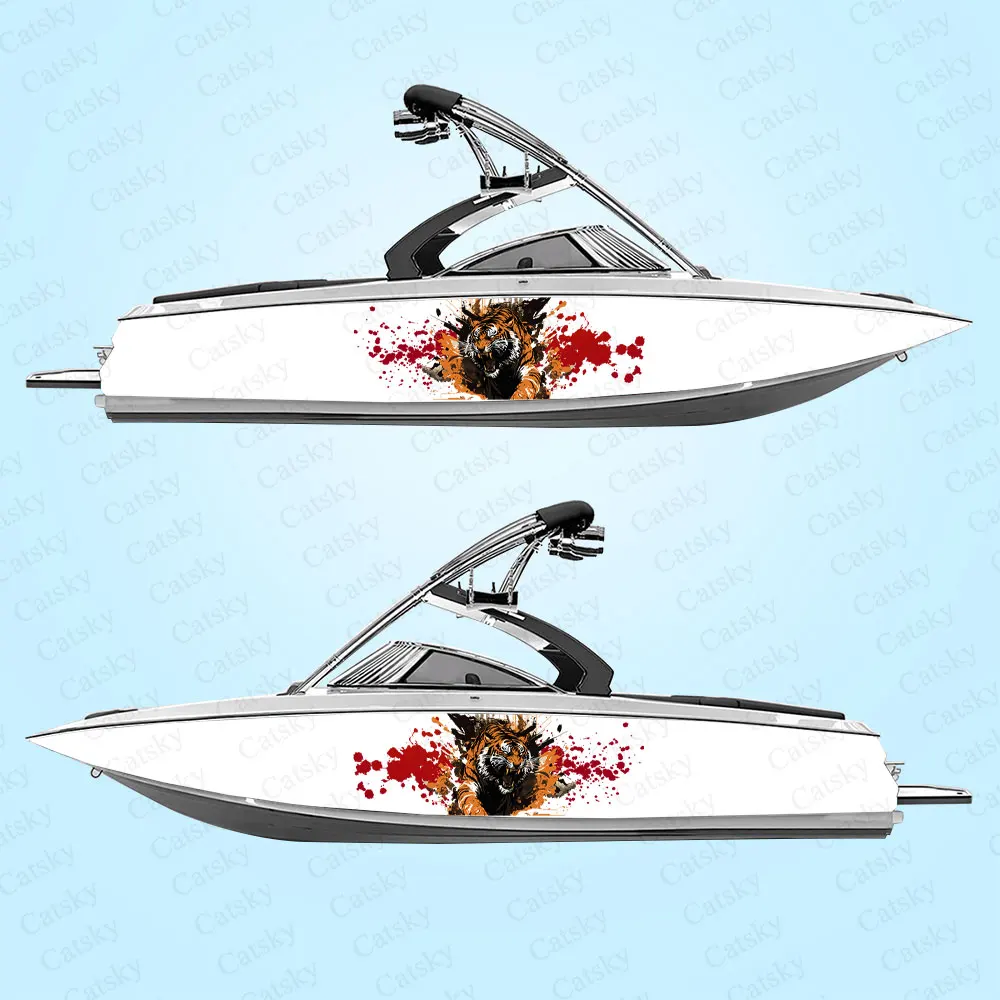 Personalized Fierce Tiger Blood Pattern Printing Graphic Vinyl Waterproof Boat Wrap Decal Fits Any Boat Custom Image 2Pcs