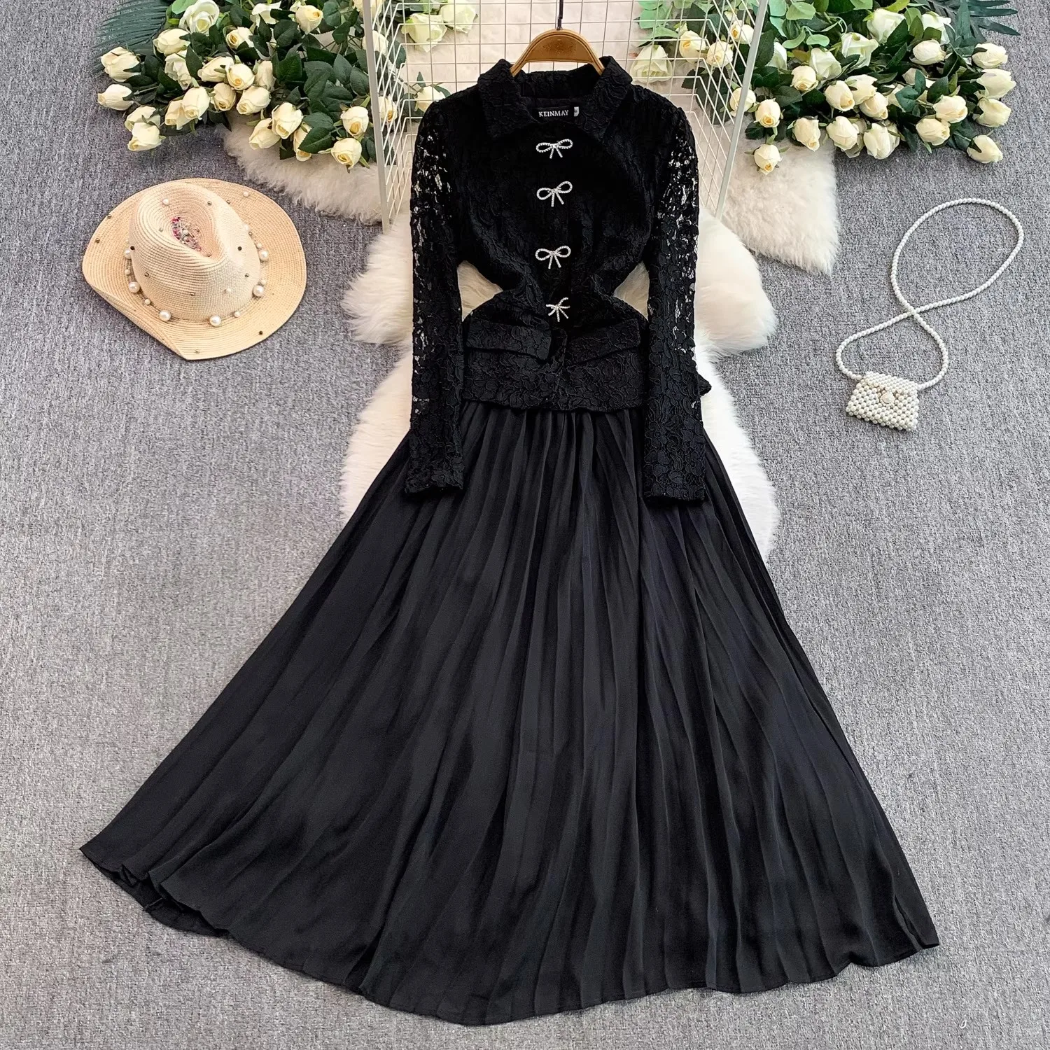 Runway Flower Embroidery Evening Prom Red Lace Patchwork Dress Autumn Women's Lapel Long Sleeve Beaded Bow Holiday Maxi Vestidos