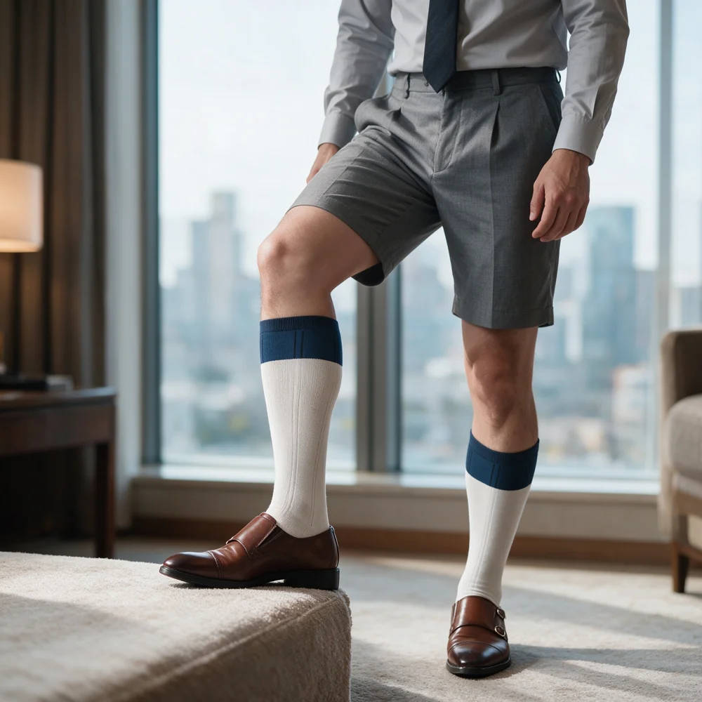 Men's Vintage Two-Tone Dress Socks Cotton Mid-Calf Business Formal Navy White Contrast Top Preppy Socks