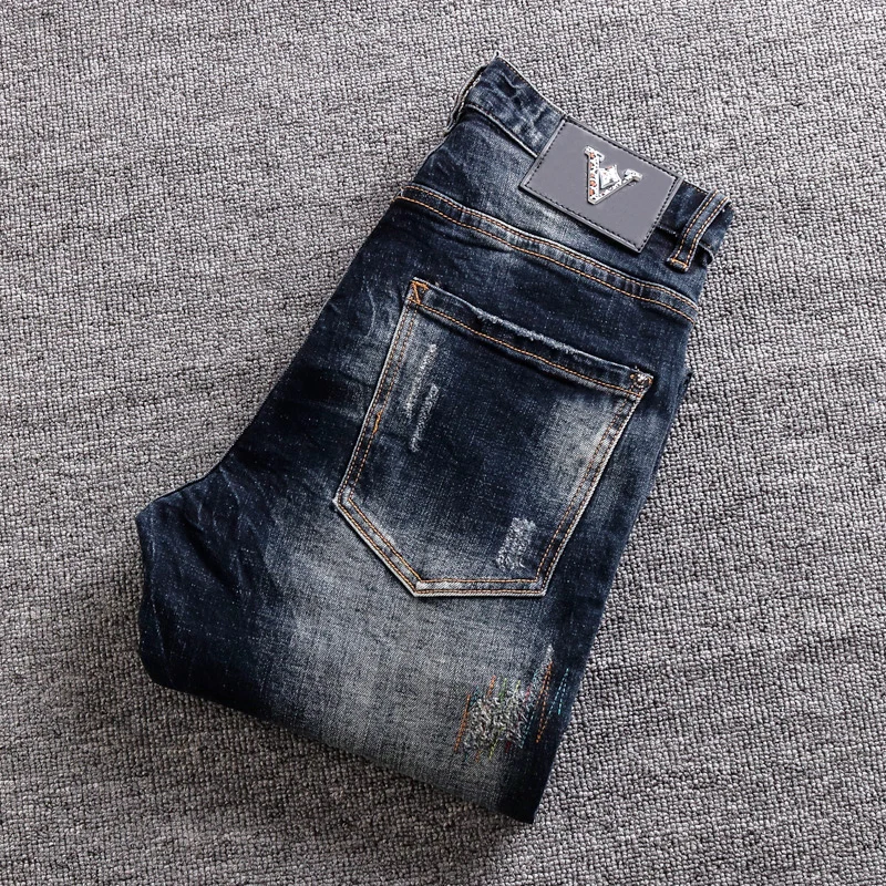 Street Fashion Men Jeans Retro Black Blue Stretch Spliced Slim Ripped Jeans Men Embroidery Designer Hip Hop Vintage Denim Pants