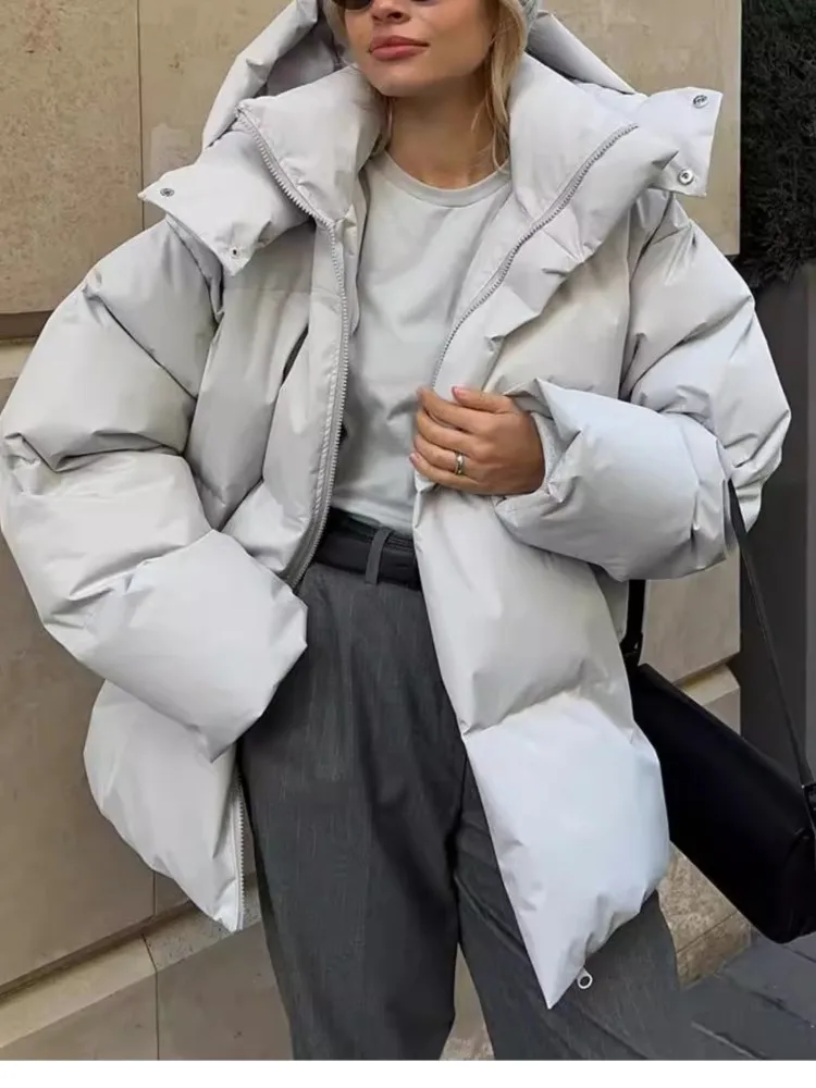 

Winter New Cotton Jacket Loose Cotton Jacket Solid Color Hooded Cotton Jacket Women's Commuting Long-sleeved Stand-up Collar Top