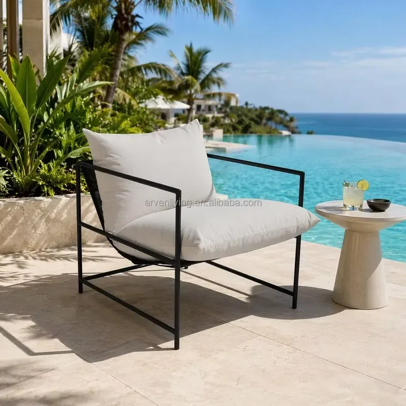 Modern Metal Frame Outdoor Lounge Chair Waterproof UV Resistant All Weather Garden Park Poolside Leisure Armchair for Patio