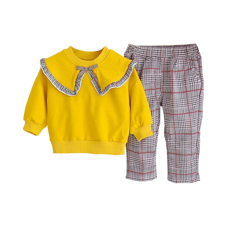 

Fashion Girl Clothes Doll Collar Pullover Sweatshirt Plaid Pant 2Pcs Suit Baby Girl Outfit Casual Kid Tracksuit Bow Toddler A509