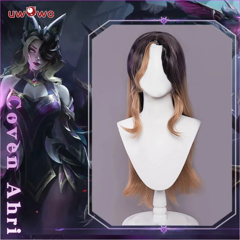 qq28LQUWOWO Coven Game League of Legend Cosplay Ahri شعر مستعار ساحرة للهالوين 75 سم شعر كتان أرجواني