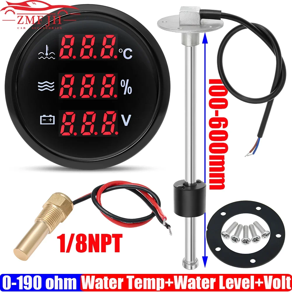 Red Light 3 IN 1 Gauge 52mm Water Level Gauge+Water Temp+Voltmeter with Alarm Temp Sensor Water Level Sensor 0-190ohm Car Boat