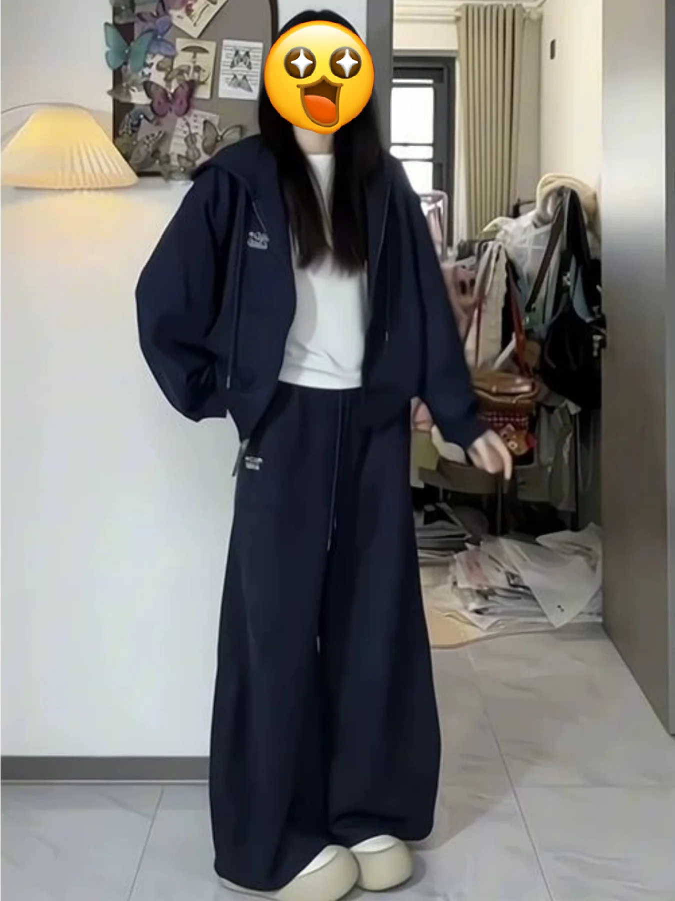 Retro Sportswear Suit for Female Students, Loose and Slimming, Fashionable Hooded Sweatshirt, Casual Two-Piece Set, Running Trend, Winter Fleece-Lined and Thickened