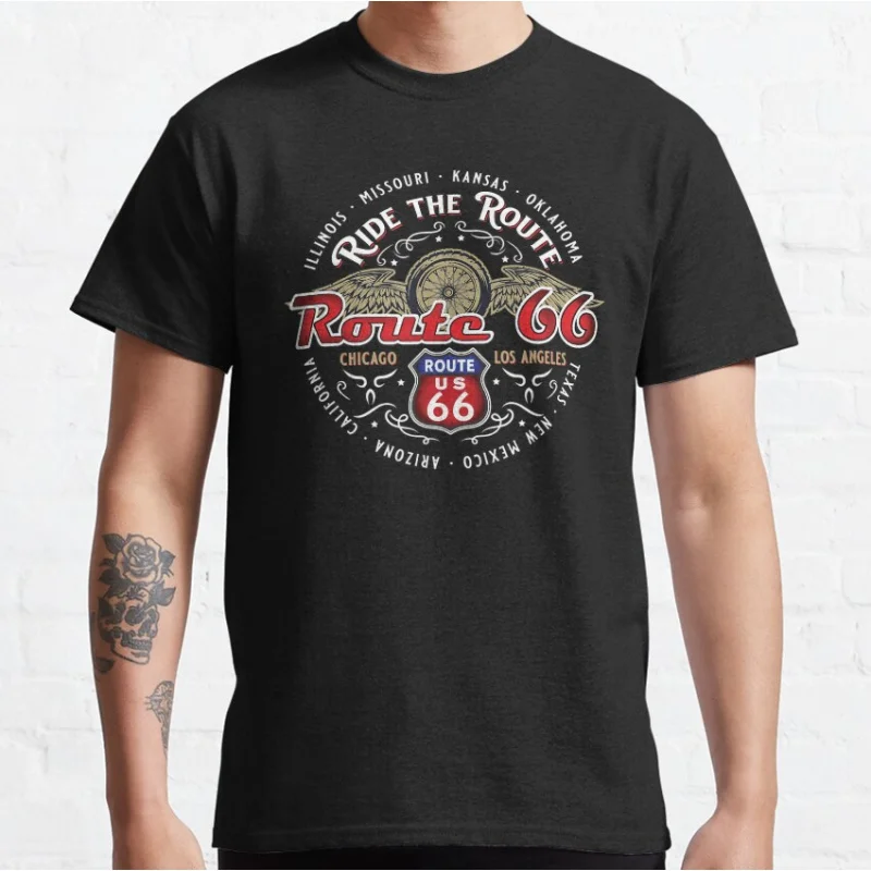 

Ride The Route Vintage Route 66 Highway Mother Road trip USA Gift T-Shirt for Motorcycle biker 100% Cotton printed Tops
