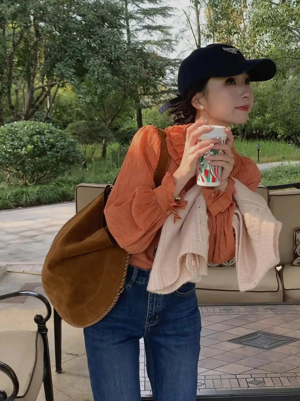 

Retro Sle Cotton irt Striped Bubble Sve Heavy Eming Pure Cotton Orange Stripe irt Women's Faion Autumn Spring