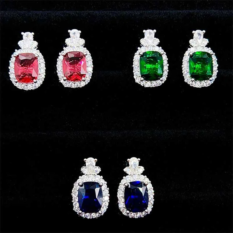 S925 pure silver sugar cake colored gemstone earrings, emerald and ruby imitation earrings, elegant and stylish, versatile, roya