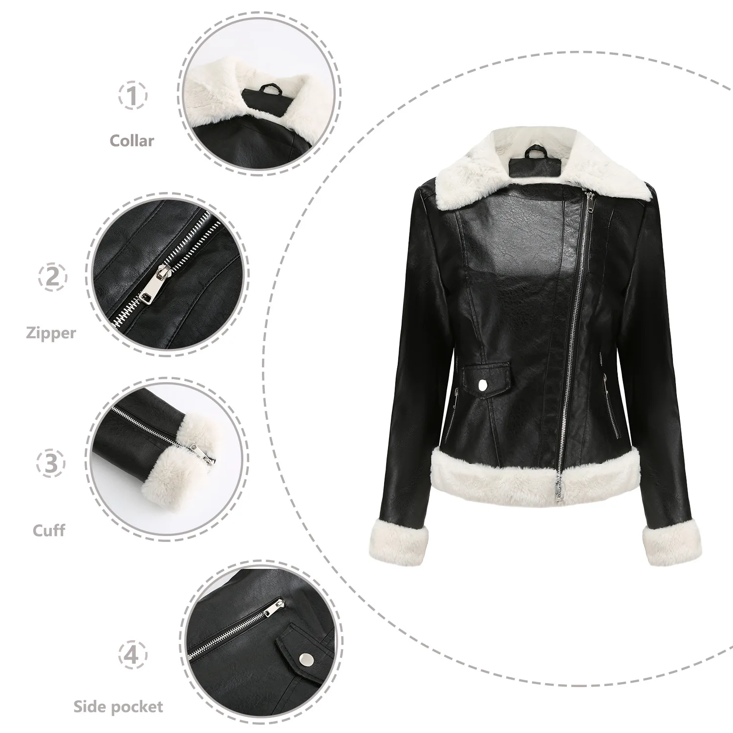 Women Vintage Faux Fur Leather Jacket Fashion Zipper Fleece Thicken Double-sided Coat 2024 Winter Chic Ladies Warm Outwear