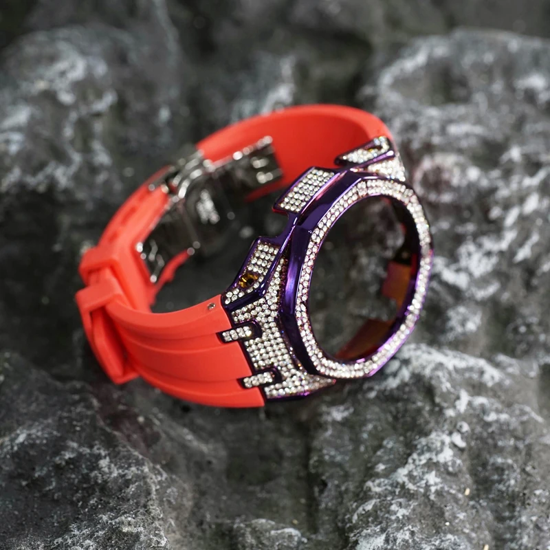 Black Rose gold Purple FUll diamond CASIOAK GA2100 GA2110 5A zirconia Watch Case mod kits bracelet with rubber strap set