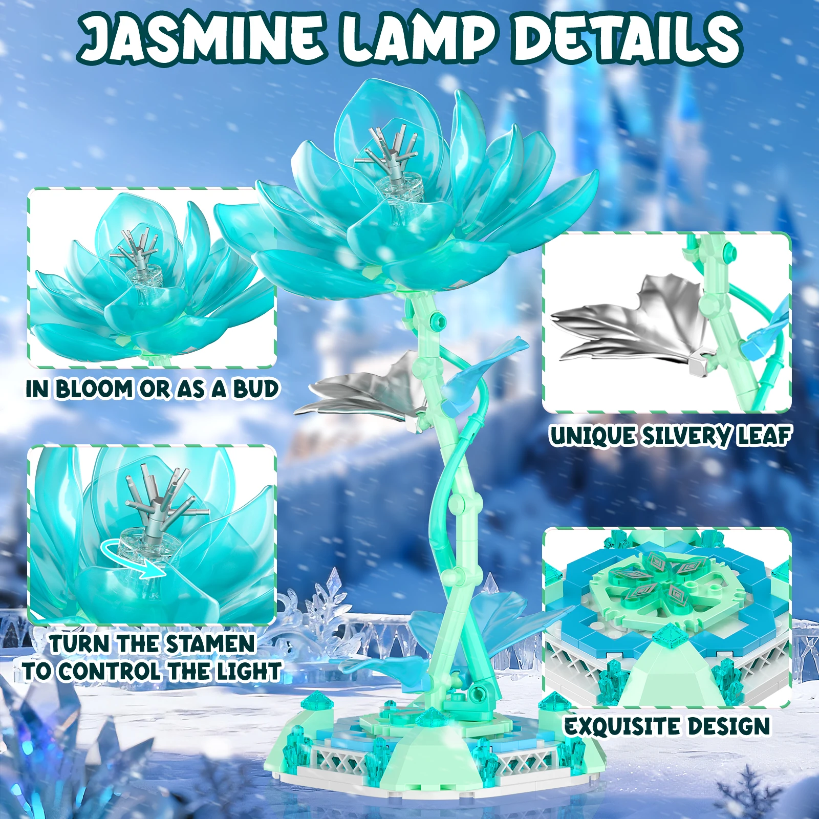 Juego de bloques de construcción de lámpara de mesa de jazmín, juguete en forma de flor con luz LED, decoración creativa del hogar y luz nocturna para niñas