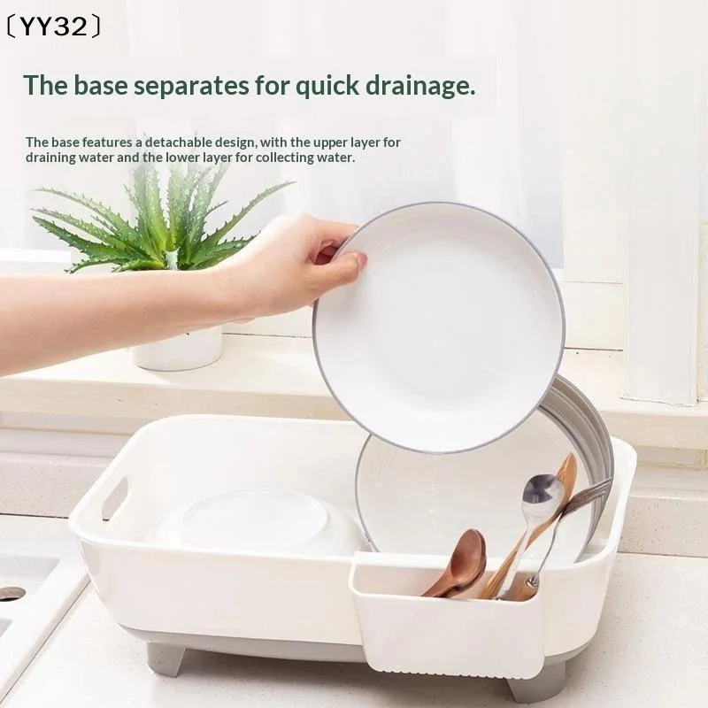 Plastic Dish Drainer With Cutlery Holder Drainage Design Large Capacity Kitchen Counter Tableware Storage Rack〔YY32〕