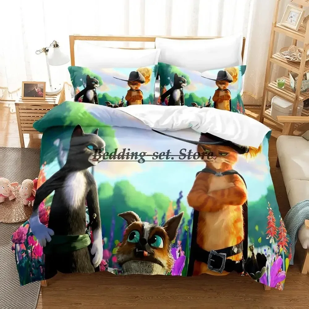

2023 Cat PUSS IN BOOTS Bedding Set Single Twin Full Queen King Size Bed Set Aldult Kid Bedroom Duvetcover Sets Anime Bed