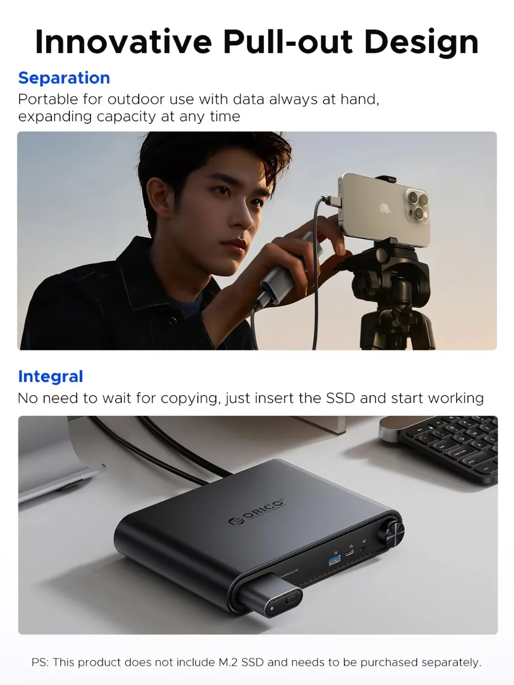 ORICO 10 in 1 USB C 도킹 스테이션 USB 허브 어댑터 M.2 NVMe SSD 케이스(PD100W 충전 이더넷 4K60Hz HDMI-com 3.5mm 오디오 포함)