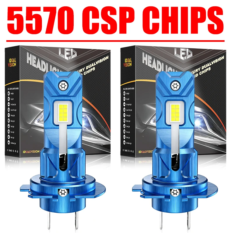 Mini H7 Led Canbus 1:1 Car Light Bulbs 16PCS 5570 CSP Turbo Fan 6000K High Low Beam Universal Adapter 12V H7 Led Light Plug&Play
